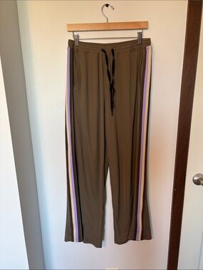 Brownish green Wide-Leg Track Pants with Contrast Side Stripes